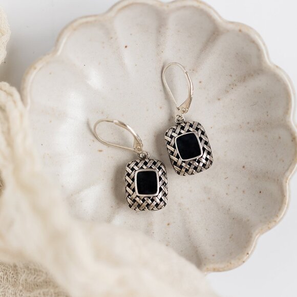 Recycled Antique Black Depression Glass Vintage Quilted Square Earrings - Picture 3 of 6